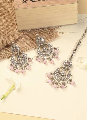 Chandelier pink pearl brown kundan antique gold plated brass earring maang tikka for women 1