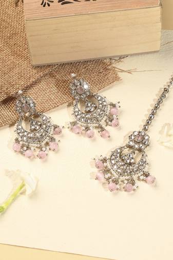 Chandelier pink pearl brown kundan antique gold plated brass earring maang tikka for women