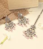 Chandelier pink pearl brown kundan antique gold plated brass earring maang tikka for women