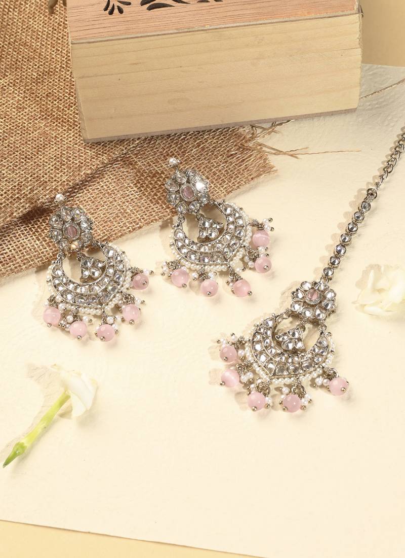 Chandelier pink pearl brown kundan antique gold plated brass earring maang tikka for women