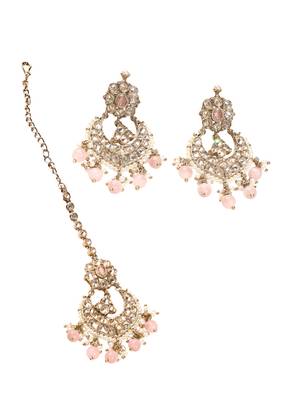 Chandelier pink pearl brown kundan antique gold plated brass earring maang tikka for women 2