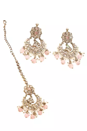 Chandelier pink pearl brown kundan antique gold plated brass earring maang tikka for women