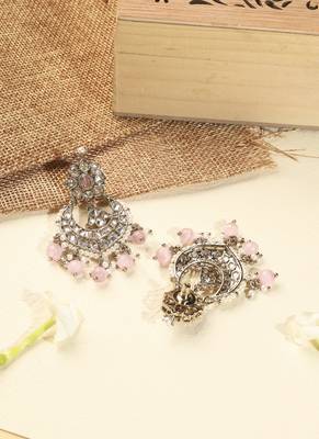 Chandelier pink pearl brown kundan antique gold plated brass earring maang tikka for women 5