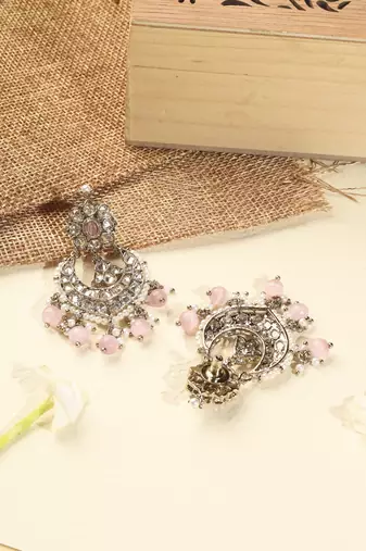 Chandelier pink pearl brown kundan antique gold plated brass earring maang tikka for women