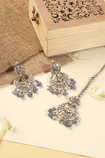 Chandelier purple pearl brown kundan antique gold plated brass earring with maang tikka for women