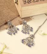 Chandelier purple pearl brown kundan antique gold plated brass earring with maang tikka for women