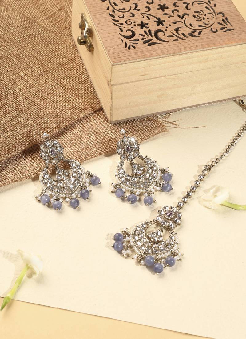 Chandelier purple pearl brown kundan antique gold plated brass earring with maang tikka for women