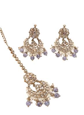 Chandelier purple pearl brown kundan antique gold plated brass earring with maang tikka for women 2
