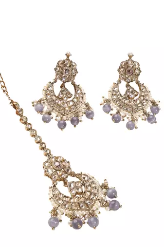 Chandelier purple pearl brown kundan antique gold plated brass earring with maang tikka for women