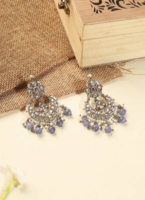 Chandelier purple pearl brown kundan antique gold plated brass earring with maang tikka for women 3