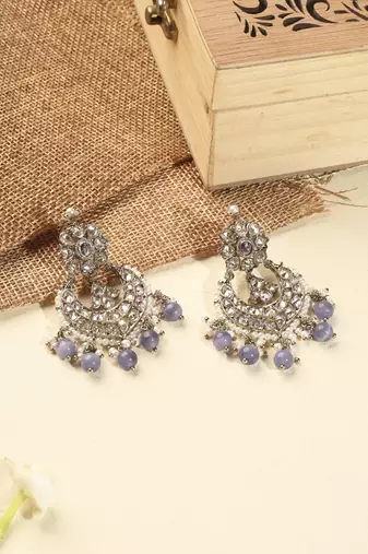 Chandelier purple pearl brown kundan antique gold plated brass earring with maang tikka for women