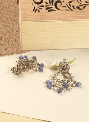 Chandelier purple pearl brown kundan antique gold plated brass earring with maang tikka for women 5