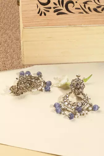 Chandelier purple pearl brown kundan antique gold plated brass earring with maang tikka for women