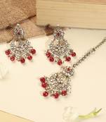 Chandelier red pearl brown kundan stone antique gold plated brass earring with maang tikka for women