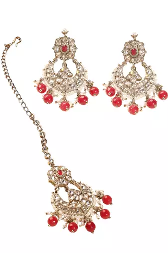Chandelier red pearl brown kundan stone antique gold plated brass earring with maang tikka for women