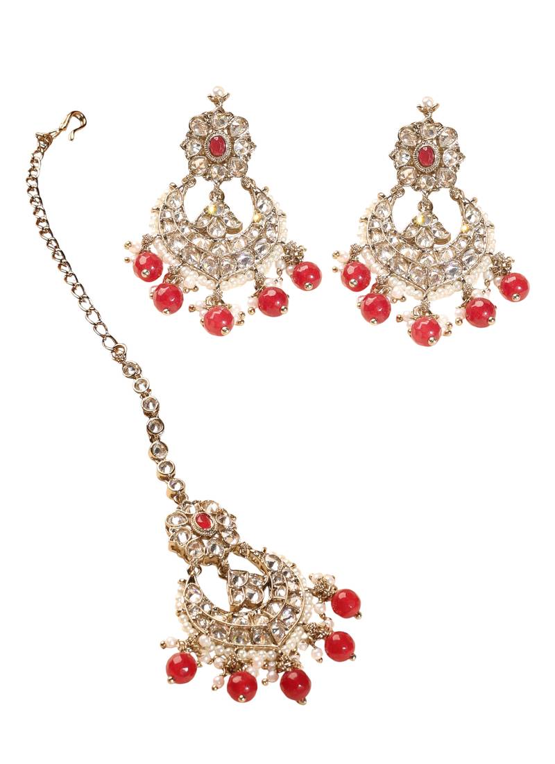 Chandelier red pearl brown kundan stone antique gold plated brass earring with maang tikka for women
