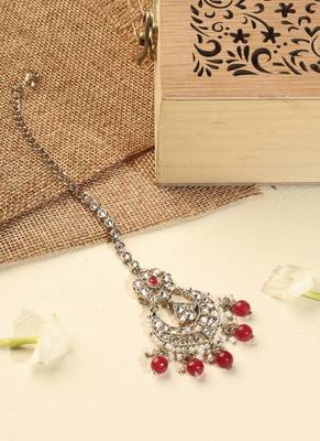 Chandelier red pearl brown kundan stone antique gold plated brass earring with maang tikka for women 4