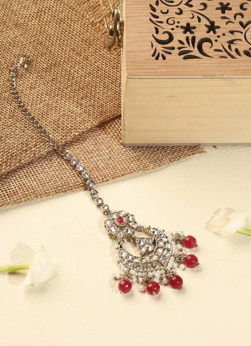 Chandelier red pearl brown kundan stone antique gold plated brass earring with maang tikka for women