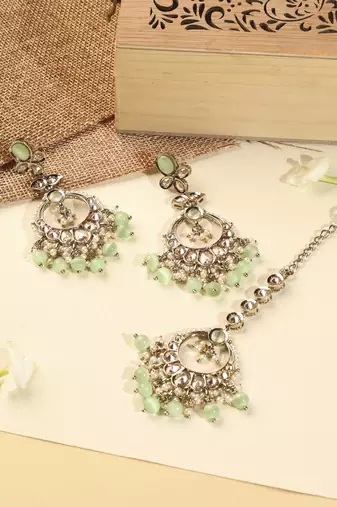 Leaf shape green pearl brown kundan gold plated brass chandelier earring maang tikka for women