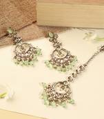 Leaf shape green pearl brown kundan gold plated brass chandelier earring maang tikka for women
