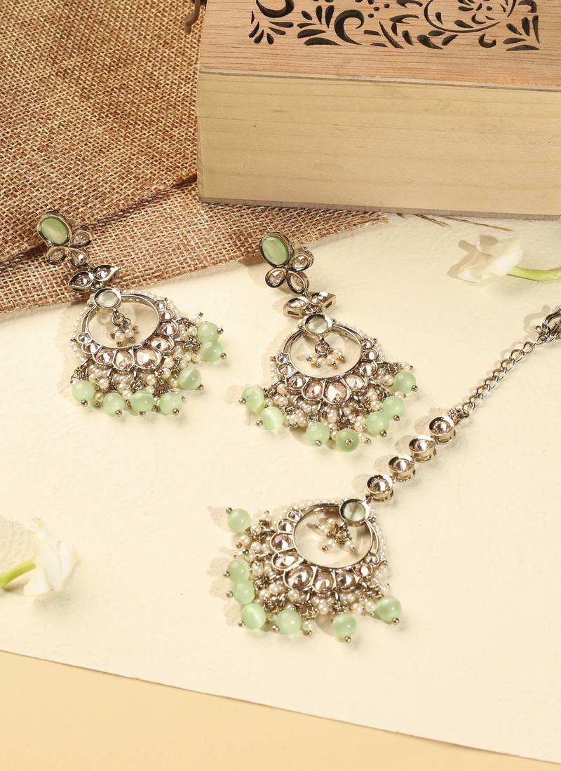 Leaf shape green pearl brown kundan gold plated brass chandelier earring maang tikka for women