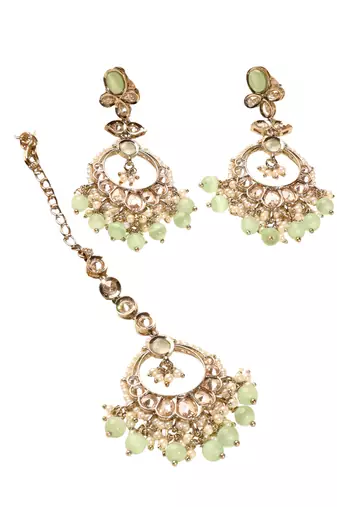 Leaf shape green pearl brown kundan gold plated brass chandelier earring maang tikka for women