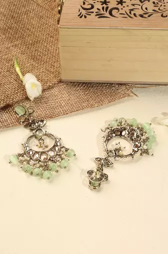 Leaf shape green pearl brown kundan gold plated brass chandelier earring maang tikka for women