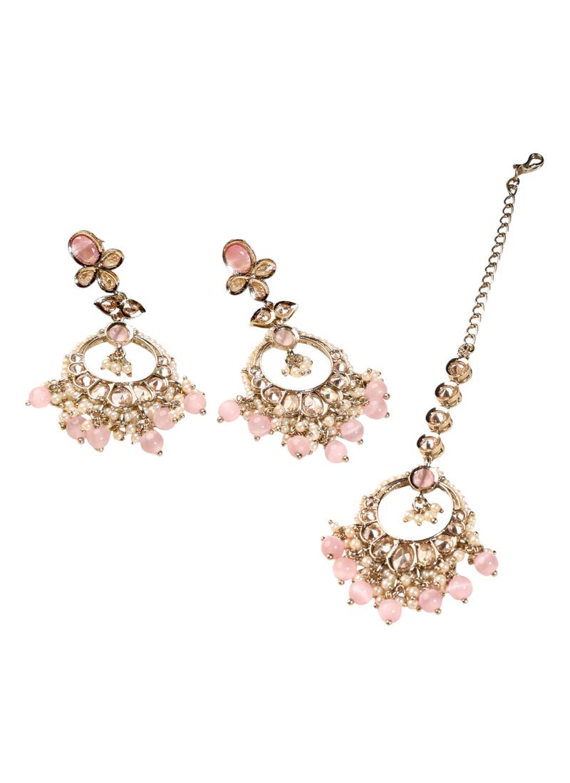 Leaf shape pink pearl brown kundan gold plated brass chandelier earring with maang tikka for women