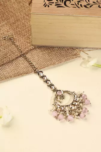 Leaf shape pink pearl brown kundan gold plated brass chandelier earring with maang tikka for women