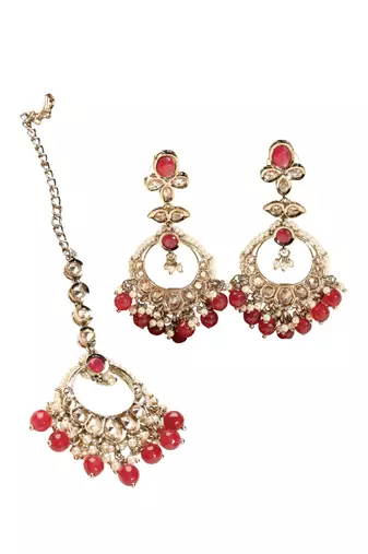 Leaf shape red pearl brown kundan gold plated brass chandelier earring with maang tikka for women