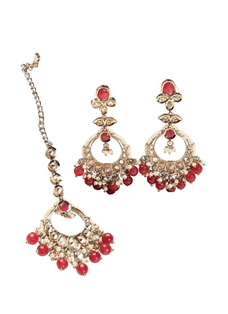 Leaf shape red pearl brown kundan gold plated brass chandelier earring with maang tikka for women