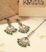 Leaf shape green pearl brown kundan gold plated brass chandelier earring with maang tikka for women