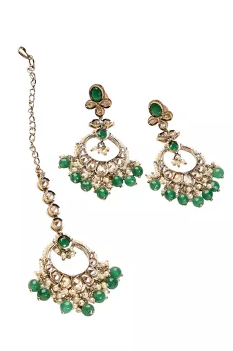 Leaf shape green pearl brown kundan gold plated brass chandelier earring with maang tikka for women