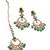 Leaf shape green pearl brown kundan gold plated brass chandelier earring with maang tikka for women