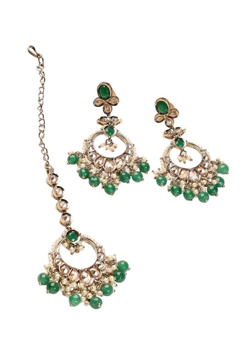Leaf shape green pearl brown kundan gold plated brass chandelier earring with maang tikka for women