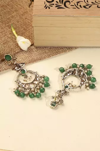 Leaf shape green pearl brown kundan gold plated brass chandelier earring with maang tikka for women