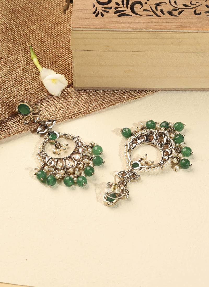 Leaf shape green pearl brown kundan gold plated brass chandelier earring with maang tikka for women