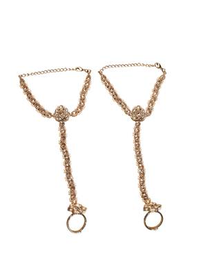 Flower and oval shape pearl brown kundan gold plated set of 2 brass hathpaan(hathphool) for women 2