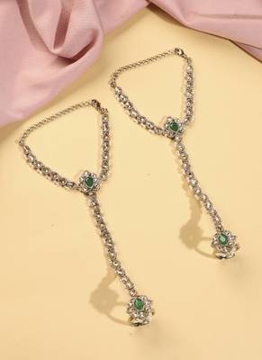 Flower and oval shape pearl green kundan gold plated set of 2 brass hathpaan(hathphool) for women 1