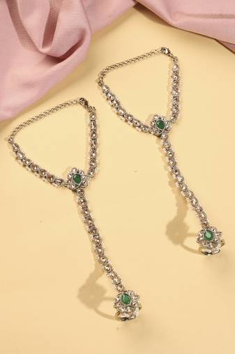 Flower and oval shape pearl green kundan gold plated set of 2 brass hathpaan(hathphool) for women