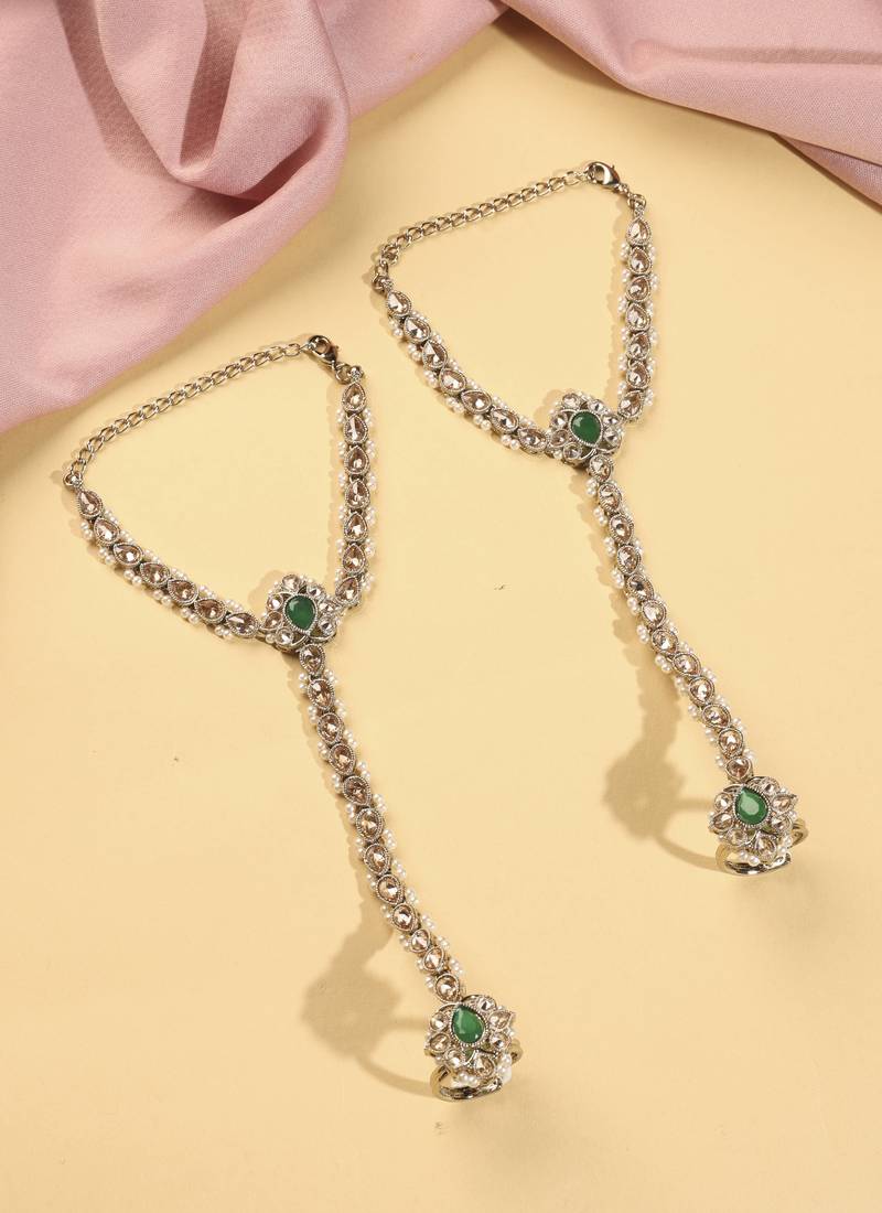 Flower and oval shape pearl green kundan gold plated set of 2 brass hathpaan(hathphool) for women