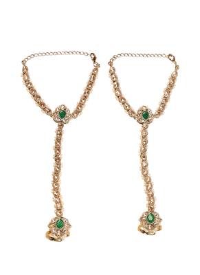 Flower and oval shape pearl green kundan gold plated set of 2 brass hathpaan(hathphool) for women 2