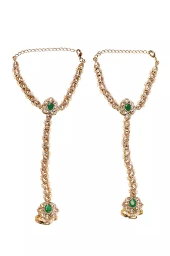Flower and oval shape pearl green kundan gold plated set of 2 brass hathpaan(hathphool) for women