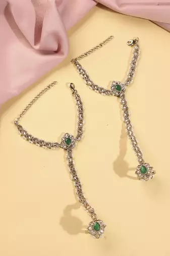 Flower and oval shape pearl green kundan gold plated set of 2 brass hathpaan(hathphool) for women