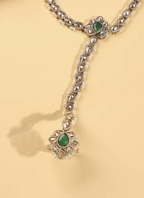Flower and oval shape pearl green kundan gold plated set of 2 brass hathpaan(hathphool) for women 4