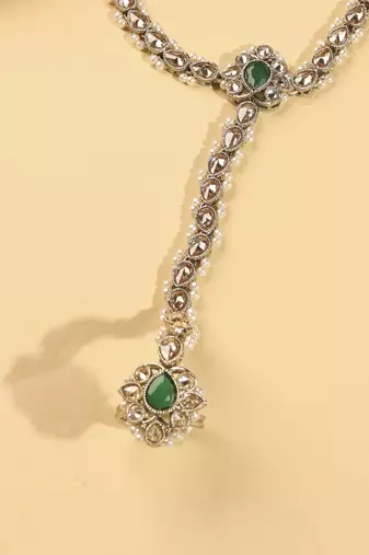 Flower and oval shape pearl green kundan gold plated set of 2 brass hathpaan(hathphool) for women