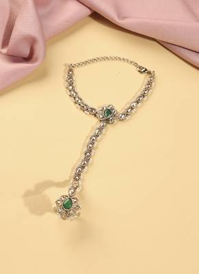 Flower and oval shape pearl green kundan gold plated set of 2 brass hathpaan(hathphool) for women 5