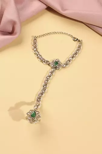 Flower and oval shape pearl green kundan gold plated set of 2 brass hathpaan(hathphool) for women
