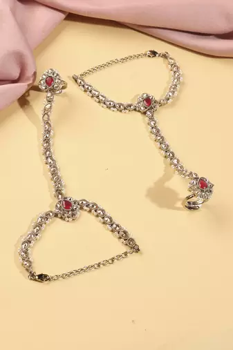 Flower and oval shape pearl red kundan gold plated set of 2 brass hathpaan(hathphool) for women