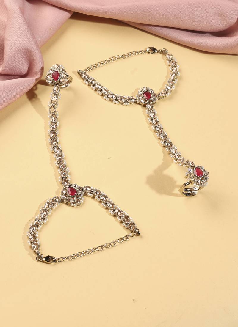 Flower and oval shape pearl red kundan gold plated set of 2 brass hathpaan(hathphool) for women